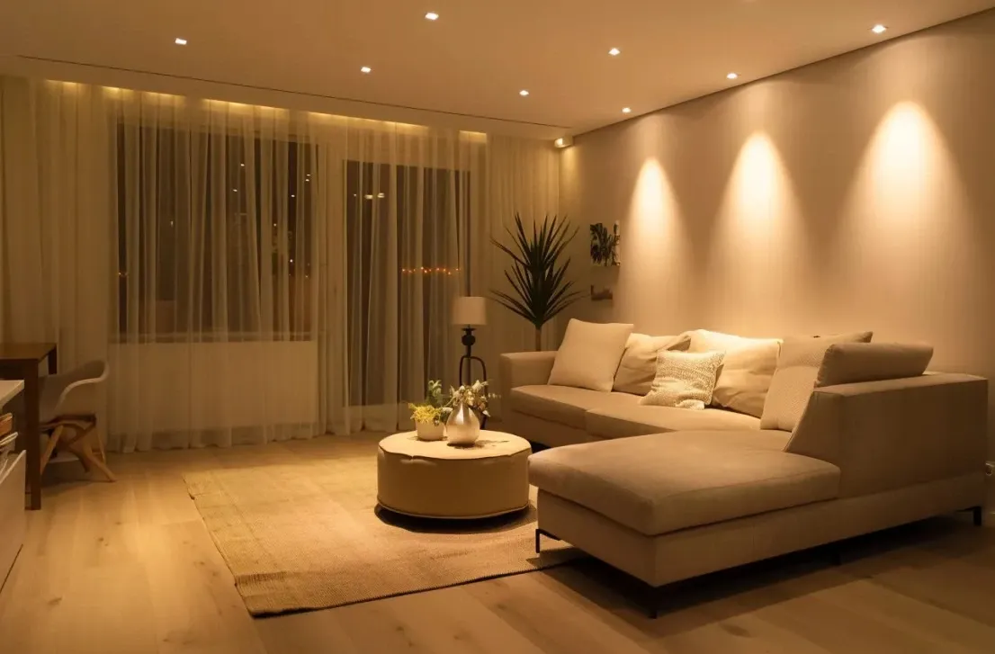 Living room with recessed ceiling lights and wall lights glowing at low brightness in the evening