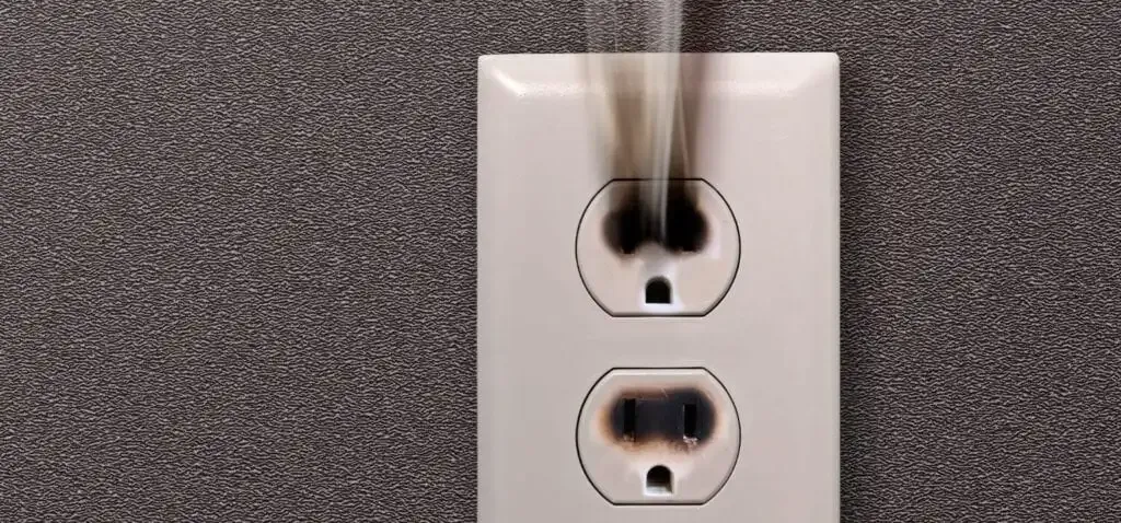 Scorched wall outlet with burn marks around the slots and a thin trail of smoke