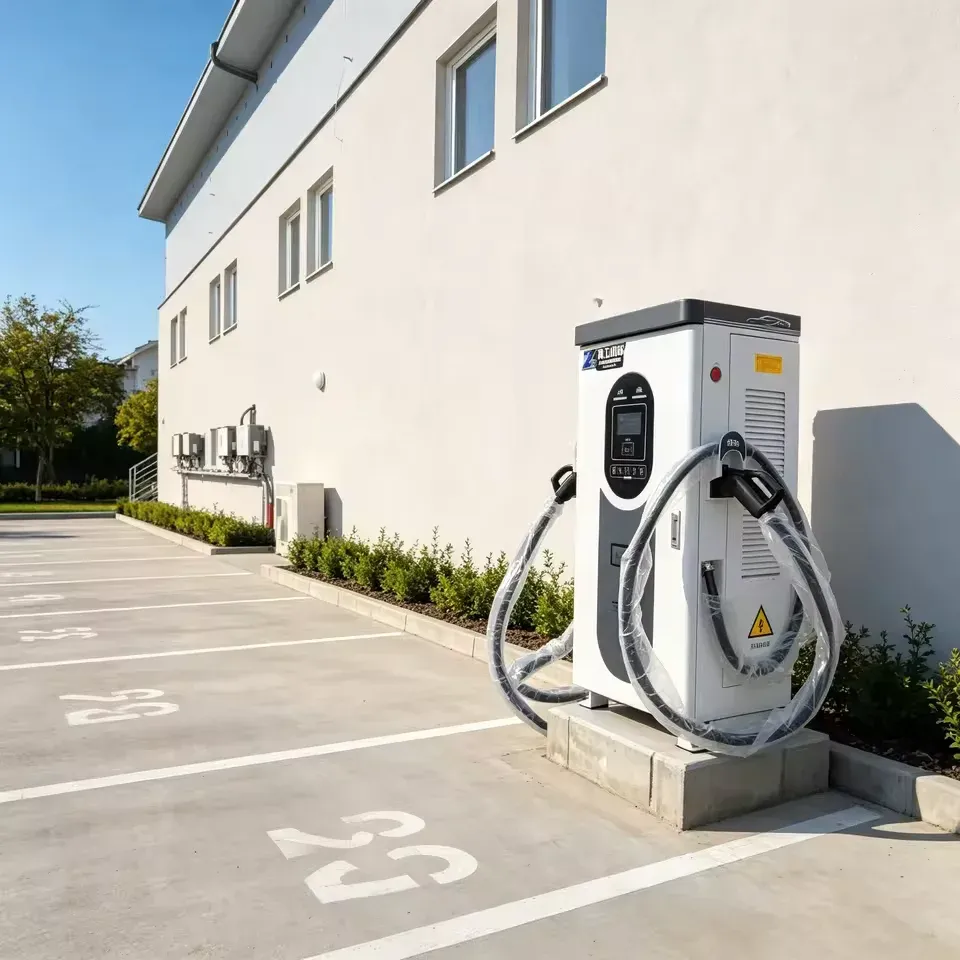 Pedestal EV charging station in a business parking lot next to marked parking spaces