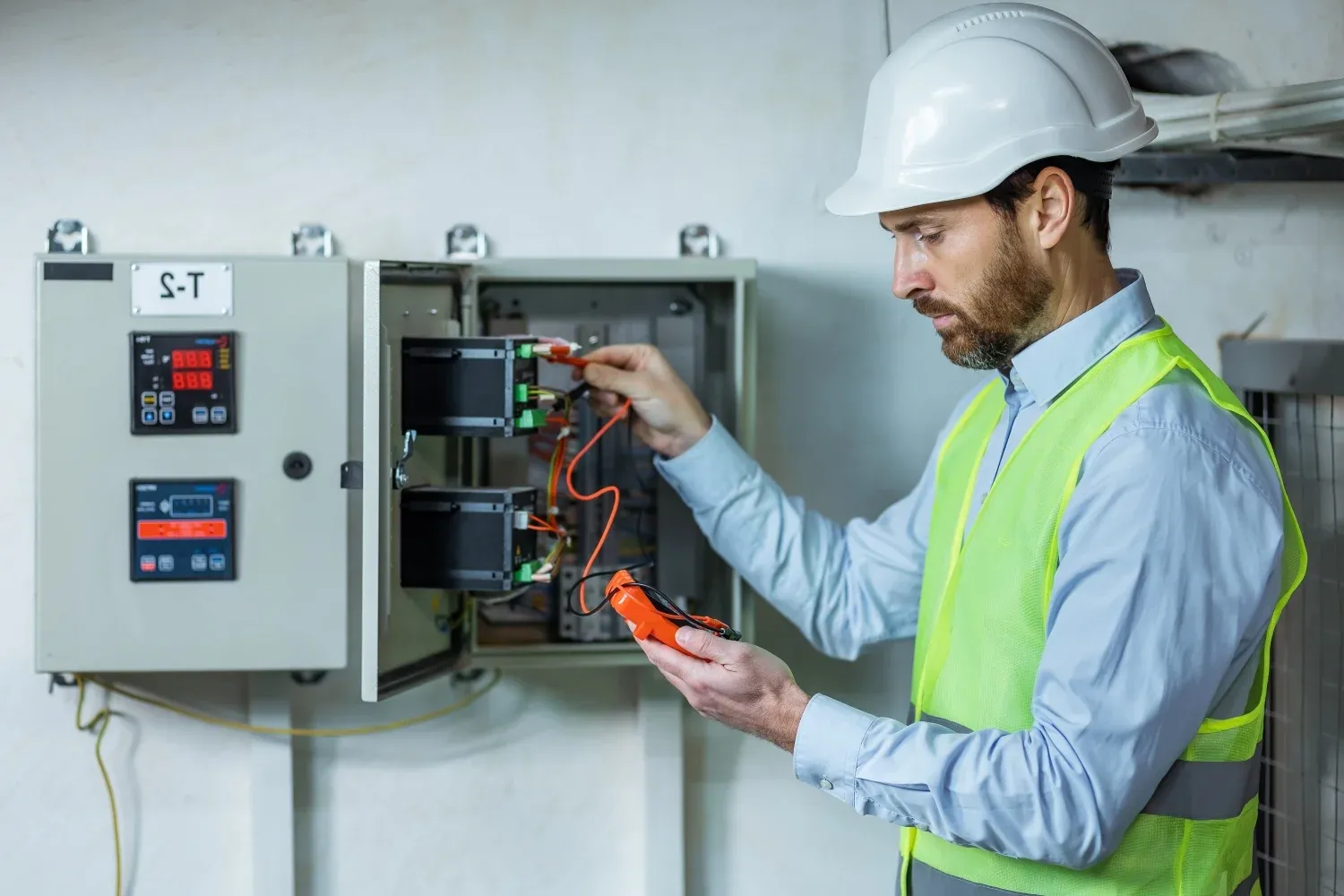 Chris Electric electrician in a hard hat checking wiring with a meter