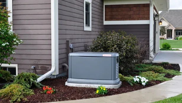 Standby generator on a pad beside a home with sided walls and landscaped beds
