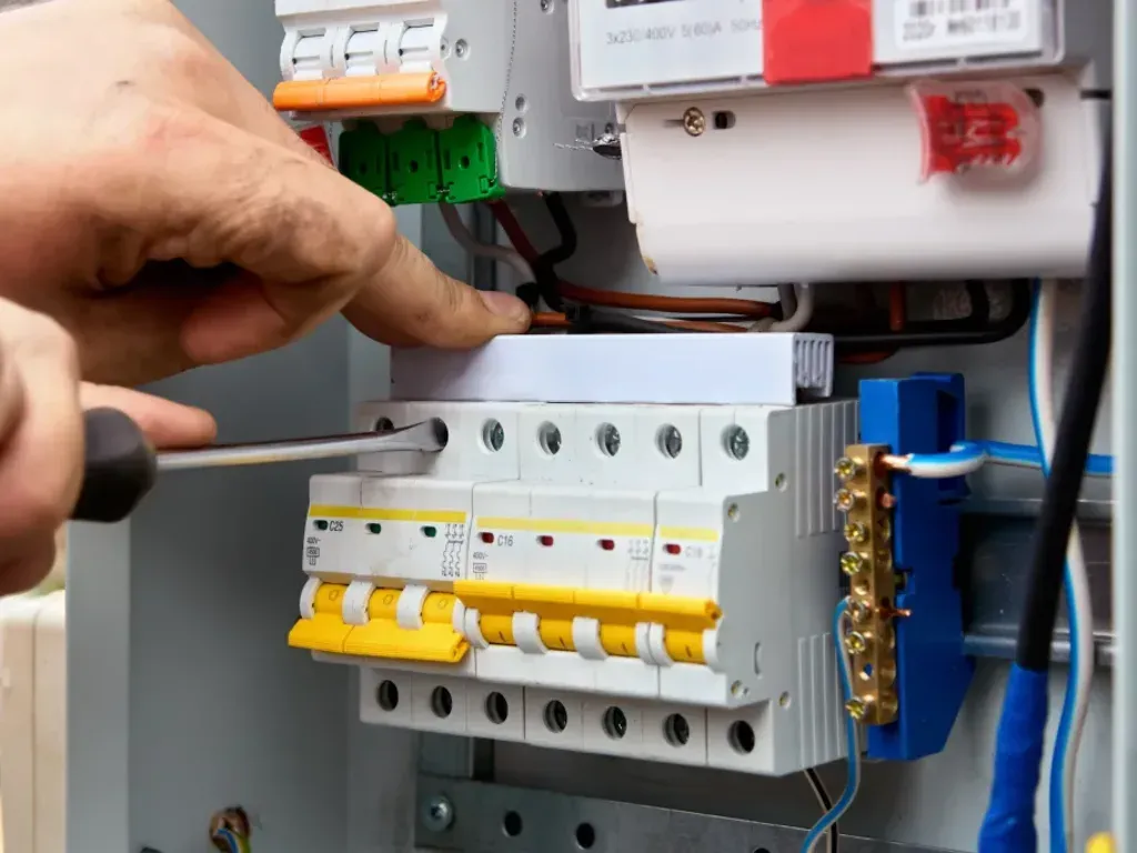Electrician tightening a breaker connection during an electrical panel replacement