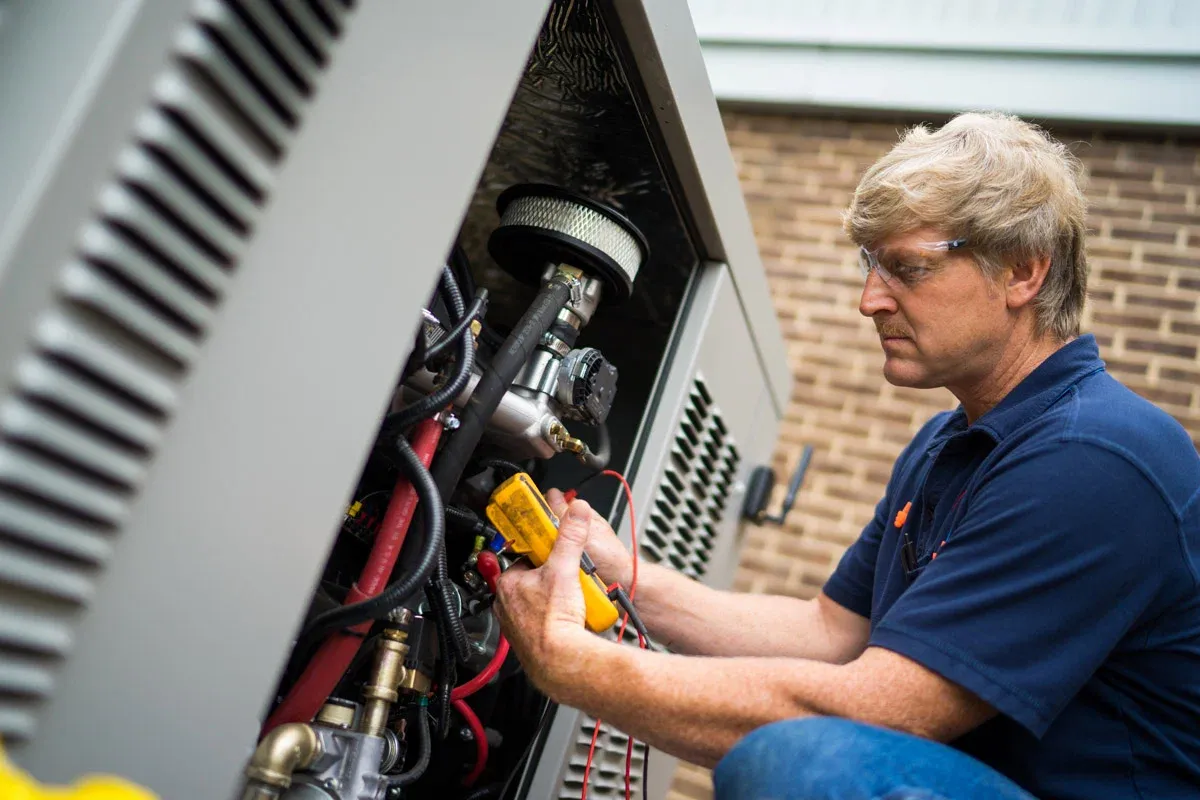 Electrician serving Dellwood, MN, testing the wiring inside a home standby generator with a meter