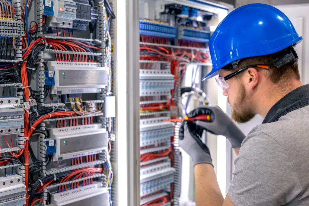 Electrician serving Gem Lake, MN, in a blue hard hat wiring an electrical cabinet