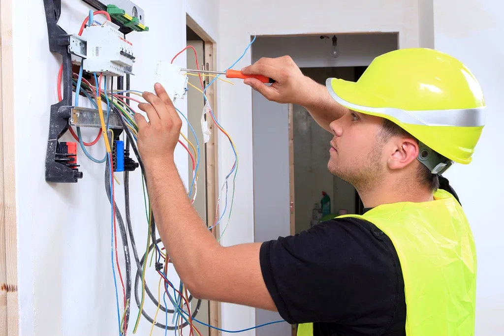 Licensed electrician serving Mahtomedi, MN, wiring a breaker panel inside a home
