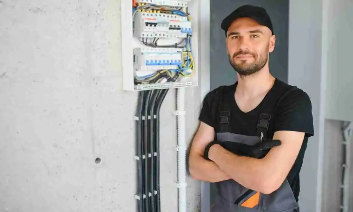 Electrician serving North Oaks, MN, standing with arms crossed next to an open electrical panel