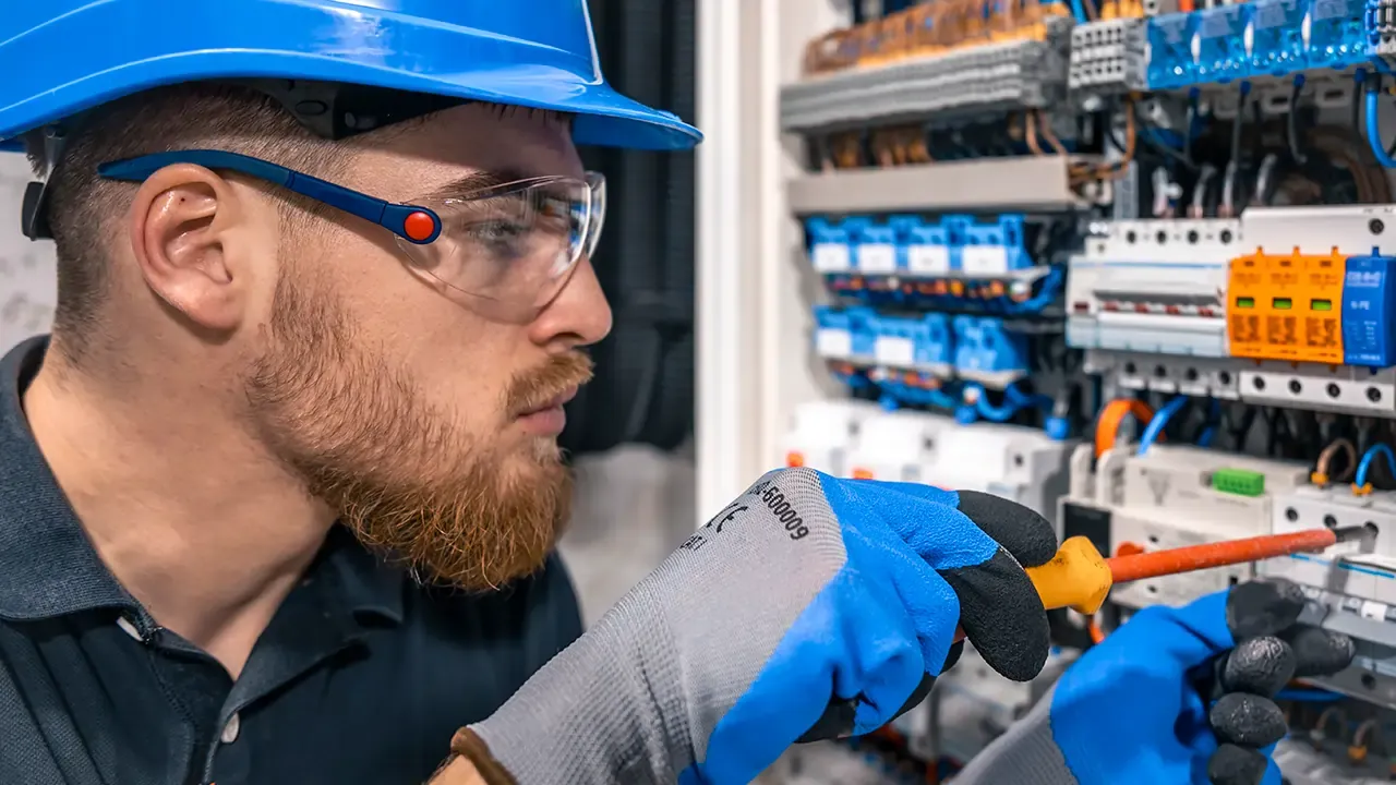 Electrician serving Willernie, MN, in a blue hard hat and safety glasses testing breakers in an electrical panel
