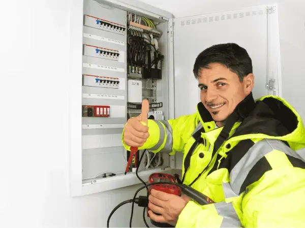 Electrician giving a thumbs up next to an open electrical panel after testing it in a Willernie, MN home