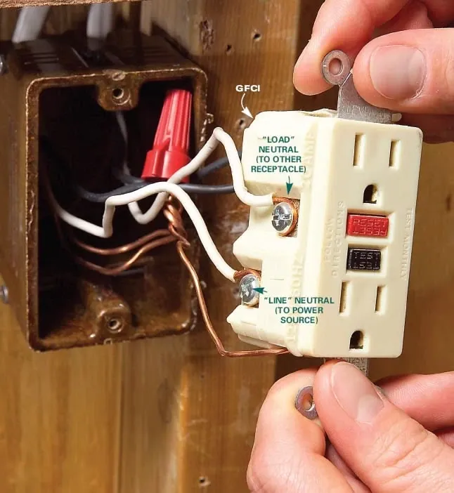 GFCI outlet being wired with its line and load wires connected in a wall box