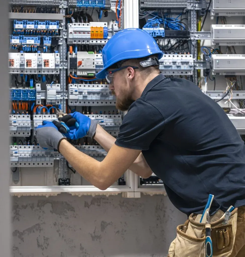 Local Mahtomedi electrician in a hard hat working on a large electrical panel