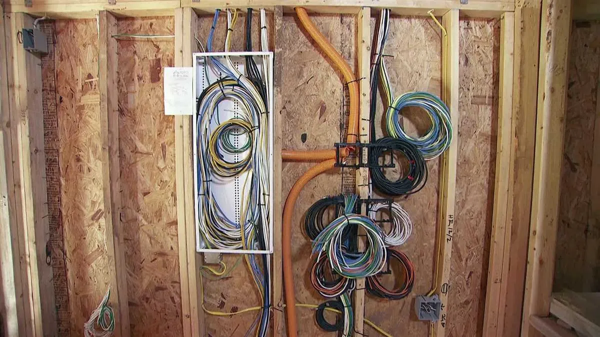 New electrical wiring run through open wall framing and coiled at a panel location during a home rewire